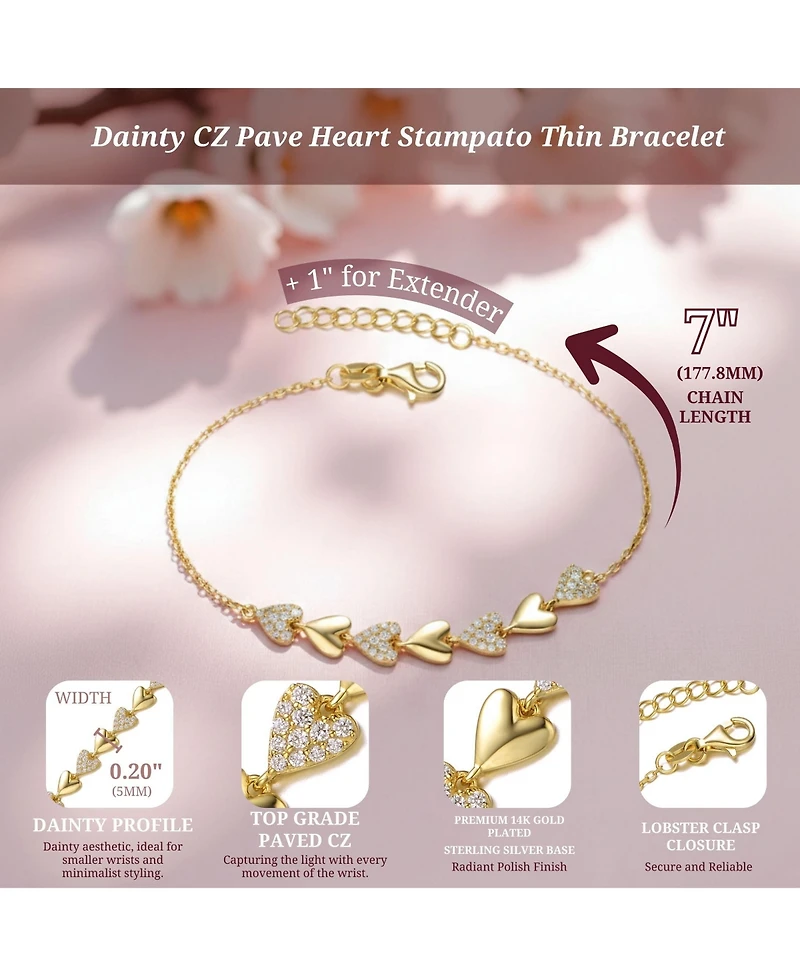 Genevive Dainty 14K Gold Plated Cz Pave Heart Stampato Thin Bracelet