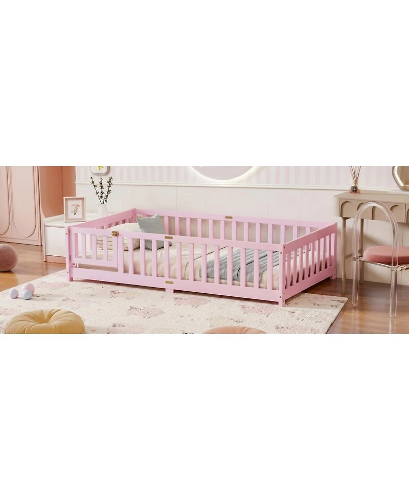 Streamdale Furniture Twin Size Wood Floor Bed with Fence and Door