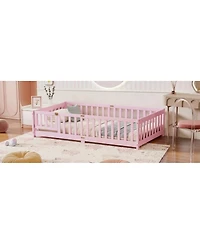 Streamdale Furniture Twin Size Wood Floor Bed with Fence and Door