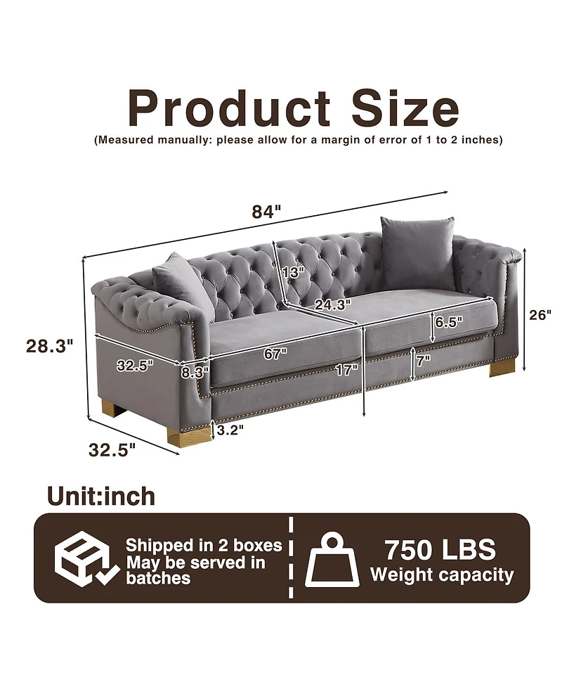 Streamdale Furniture Classic Modern 84" Velvet Chesterfield Sofa with Rolled Arms
