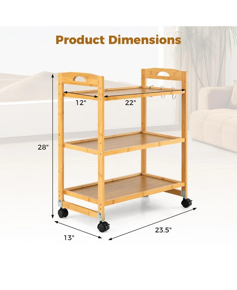 Mecale 3-Tier Bamboo Rolling Cart with Adjustable Shelves