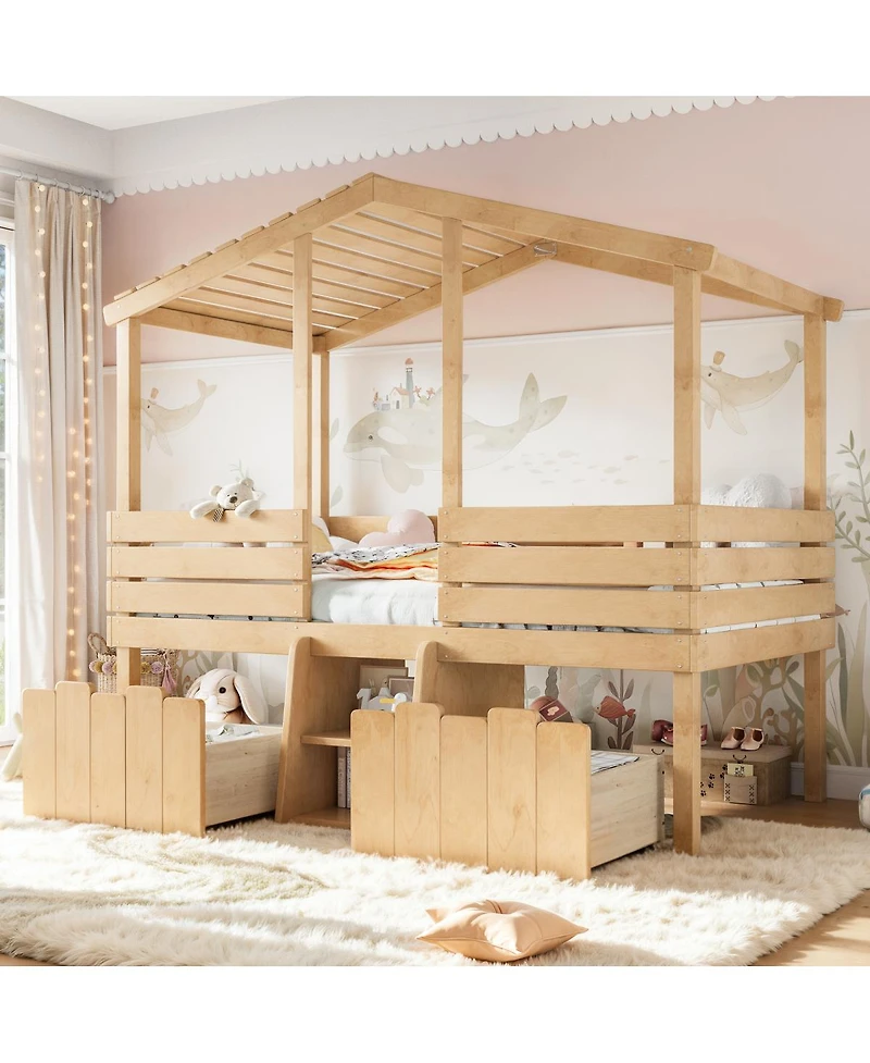 Streamdale Furniture Twin House Loft Bed with Stairs and 2 Storage Drawers
