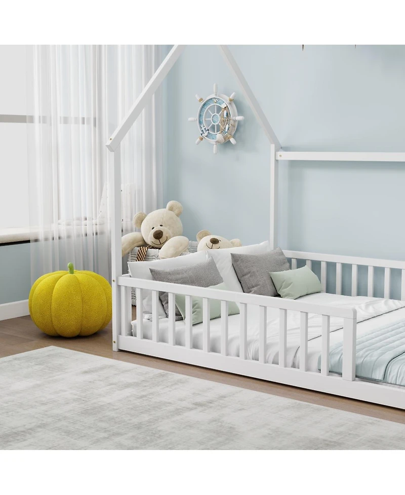 Streamdale Furniture Full Size House Floor Bed with Roof and Guardrails