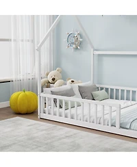 Streamdale Furniture Full Size House Floor Bed with Roof and Guardrails