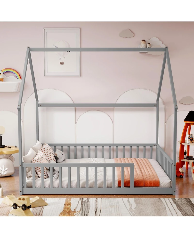 Streamdale Furniture Full Size House Floor Bed with Roof, Guardrails