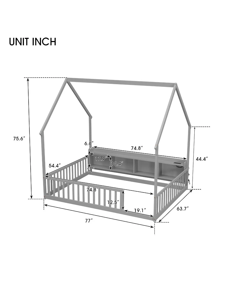 Streamdale Furniture Full House Floor Bed with Storage, Led, Charging Station and Guardrails