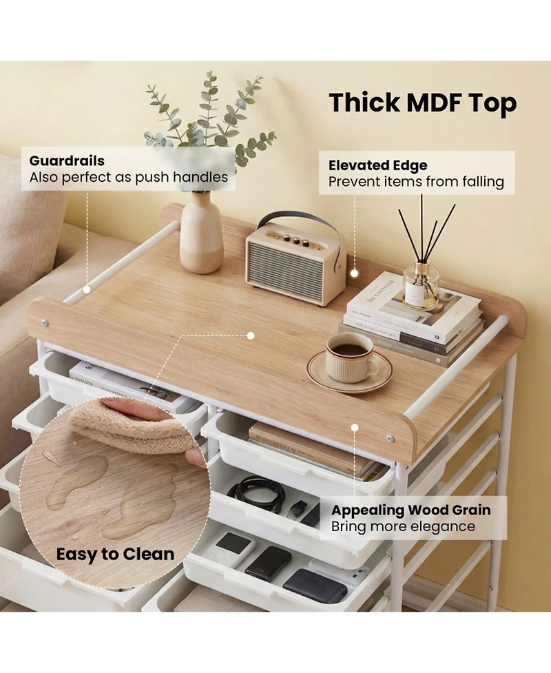 Sugift 10-Drawer Rolling Cart with Wooden Tabletop Side Handles and Lockable Wheels