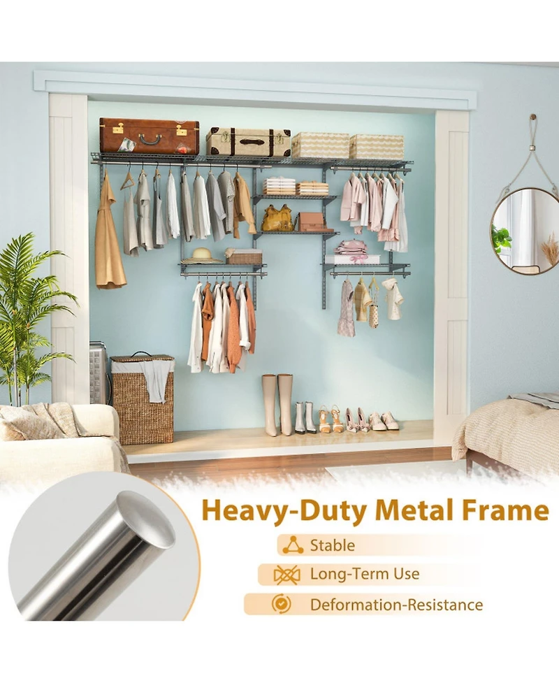 Sugift 4 to 8 Feet Closet Organizer System with Hanging Rods and 7 Storage Shelves Wall Mounted