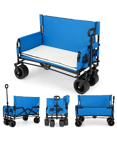 Sugift 2-in-1 Collapsible Beach Wagon Bench Seat Combo with All-Terrain Wheels