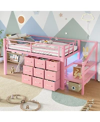 Streamdale Furniture Twin Low Loft Bed with Storage Stairs, Fabric Drawers, Lights