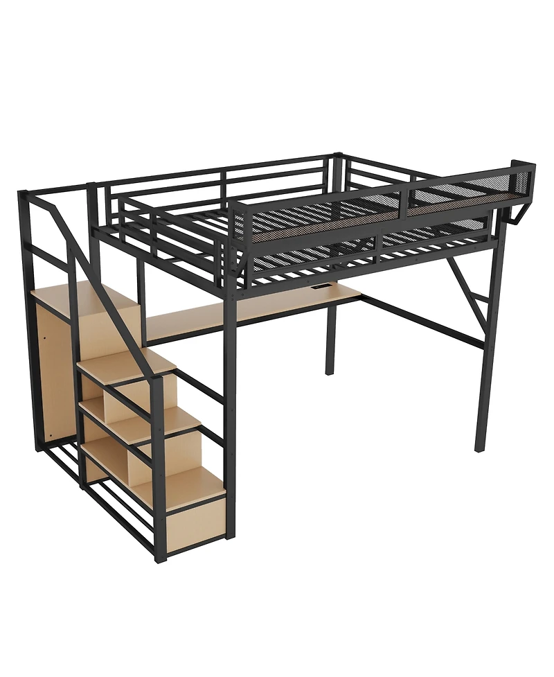 Streamdale Furniture Queen Loft Bed with Desk, Charging Station, Stairs, and Light