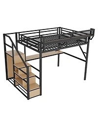 Streamdale Furniture Queen Loft Bed with Desk, Charging Station, Stairs, and Light