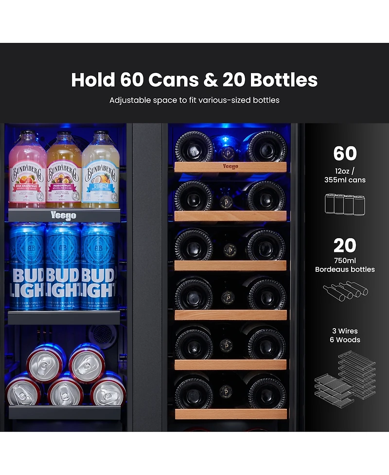 Yeego 24 Inch Dual Zone Wine CooerandBeverage Refrigerator With 2 Doors,Led Lights 60 Cans+20 Bottles 36degree(s)F-72degree(s)F Cooler