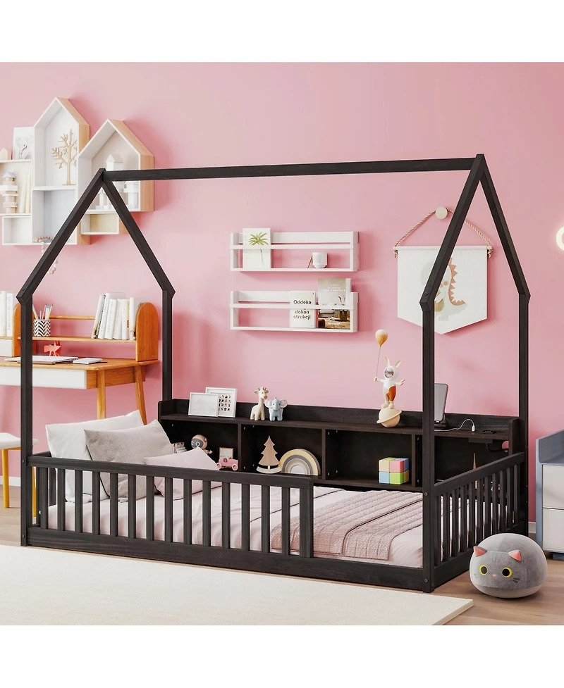 Streamdale Furniture Twin House Floor Bed with Storage, Led, Charging Station