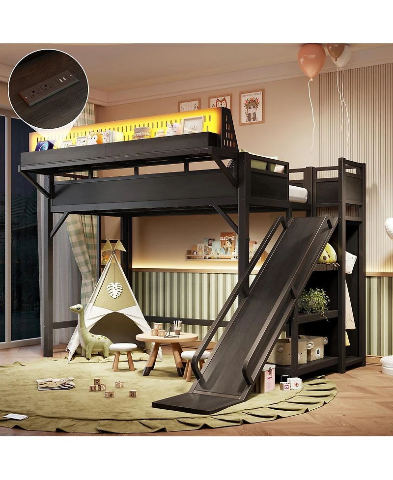 Streamdale Furniture Twin Xl Metal Loft Bed with Slide, Wardrobe and Led Lights