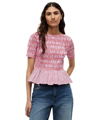 Tommy Hilfiger Women's Smocking Striped Boat Neck Cotton Top