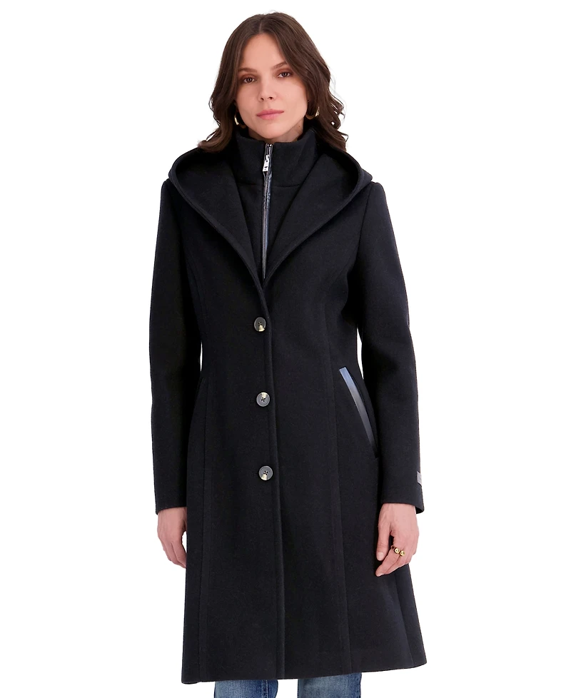Tahari Women's Bibbed Faux-Leather Trimmed Hooded Coat