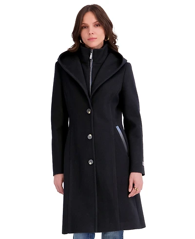 Tahari Women's Bibbed Faux-Leather Trimmed Hooded Coat