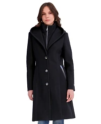 Tahari Women's Bibbed Faux-Leather Trimmed Hooded Coat