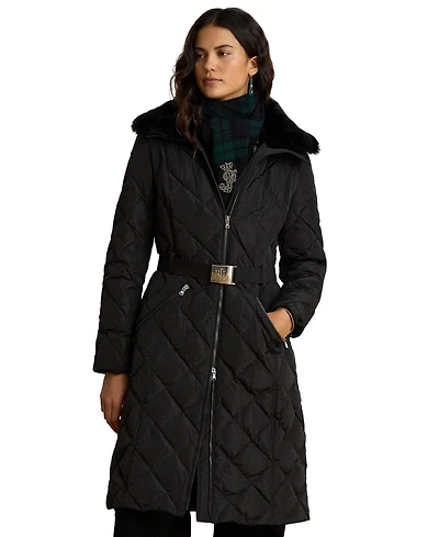 Lauren Ralph Women's Belted Quilt with Fur Collar Coat