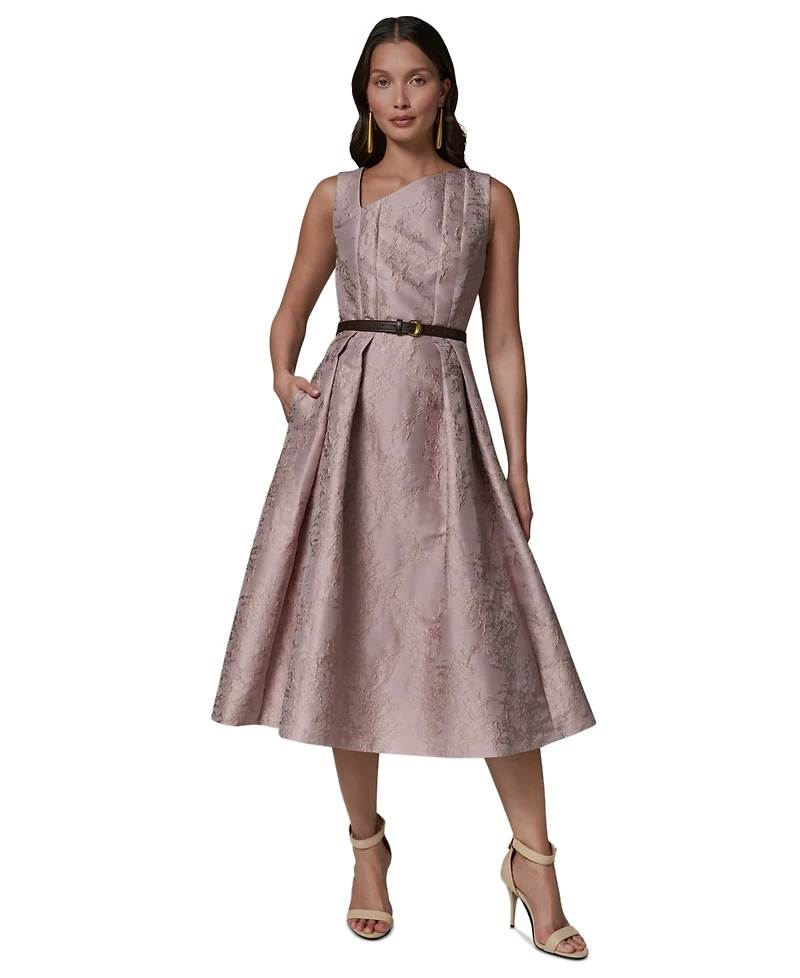 Donna Karan New York Women's Jacquard Asymmetrical Neck Fit & Flare Dress with Belt