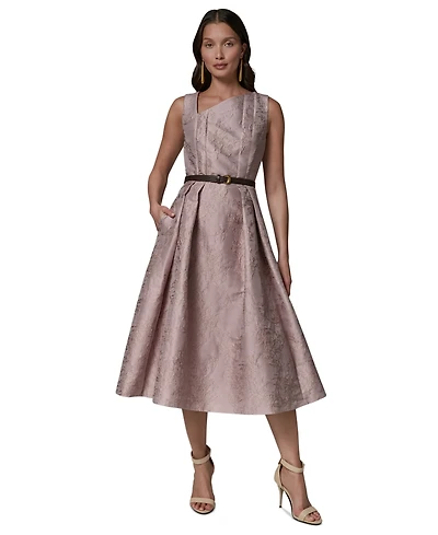 Donna Karan New York Women's Jacquard Asymmetrical Neck Fit & Flare Dress with Belt