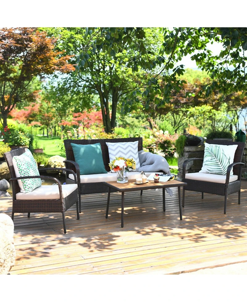 Clihome 4 Pieces Patio Cushioned Wicker Set with Acacia Wood Tabletop