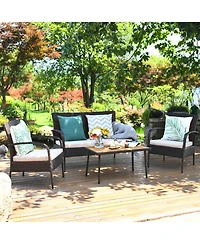 Clihome 4 Pieces Patio Cushioned Wicker Set with Acacia Wood Tabletop