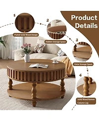 Rainsken 31.5" Farmhouse Coffee Table, 2-Tier Wood Center Table with Storage, Flip-Top Lids and Fluted Trim for Living Room, Apartment Office