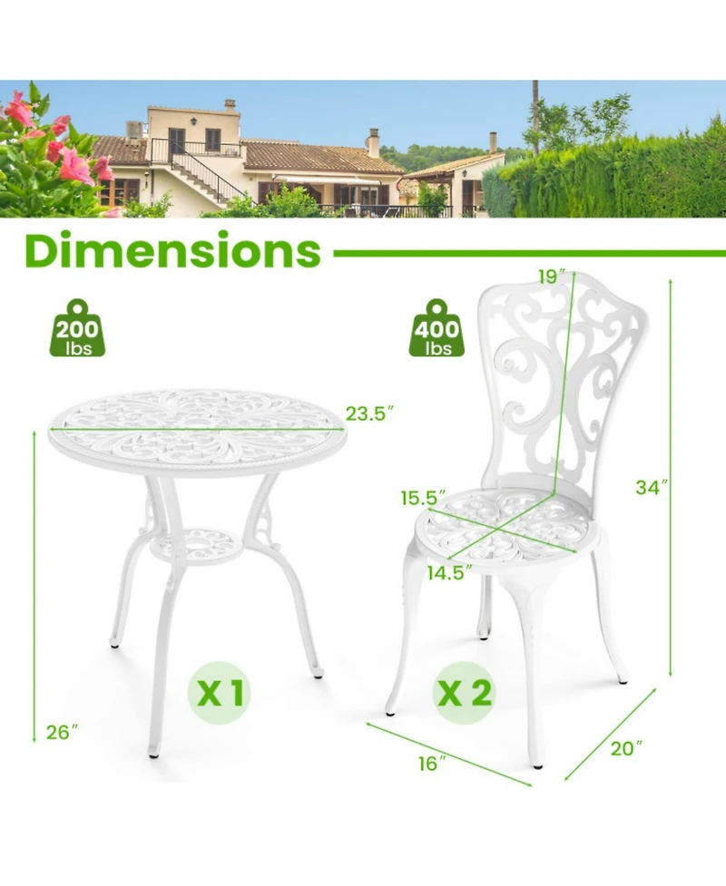 Clihome 3 Piece All Weather Cast Aluminum Bistro Chairs and Table with Umbrella Holes
