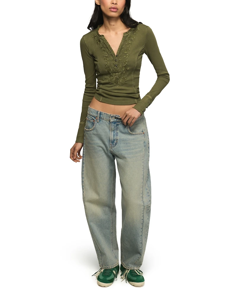 Lucky Brand Women's Embroidered V-Neck Long-Sleeve Henley