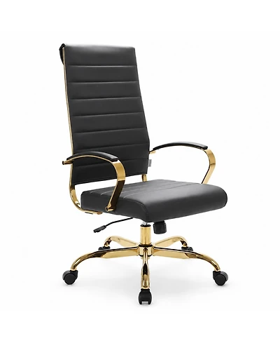LeisureMod Benmar High-Back Leather Office Chair with Gold Accents, Adjustable Height, Swivel and Tilt Conference Desk