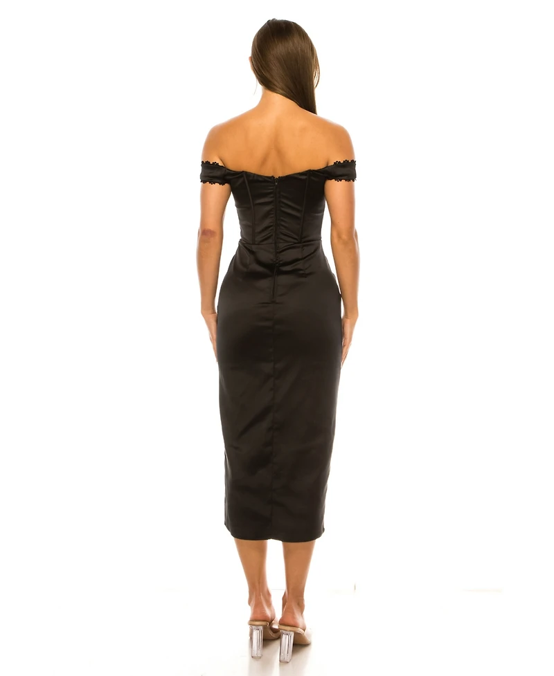 Alex & Sophia Women's Off-the-Shoulder Satin Corset-Style Midi Dress