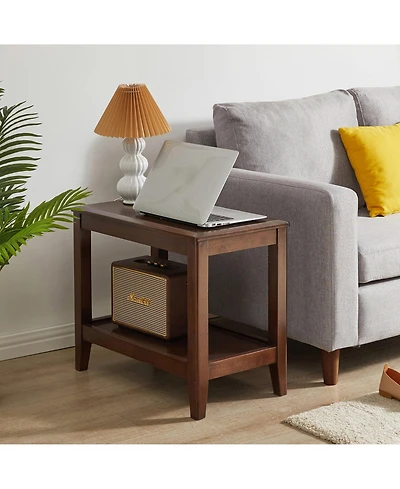 Clihome Solid Wood Rustic Side Table for Living Room, End Table with Storage Shelf 2-Tier Sofa Table