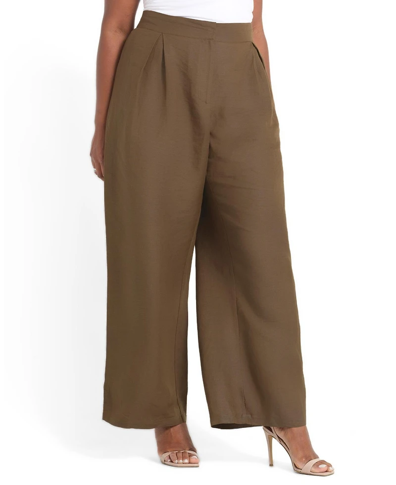 Estelle Plus Katrina Linen-Blend Pleated Wide-Leg Pants