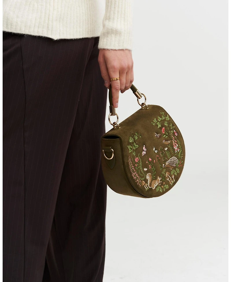 Fable England Charlotte Meadow Scene Embroidered Faux Suede Saddle Bag
