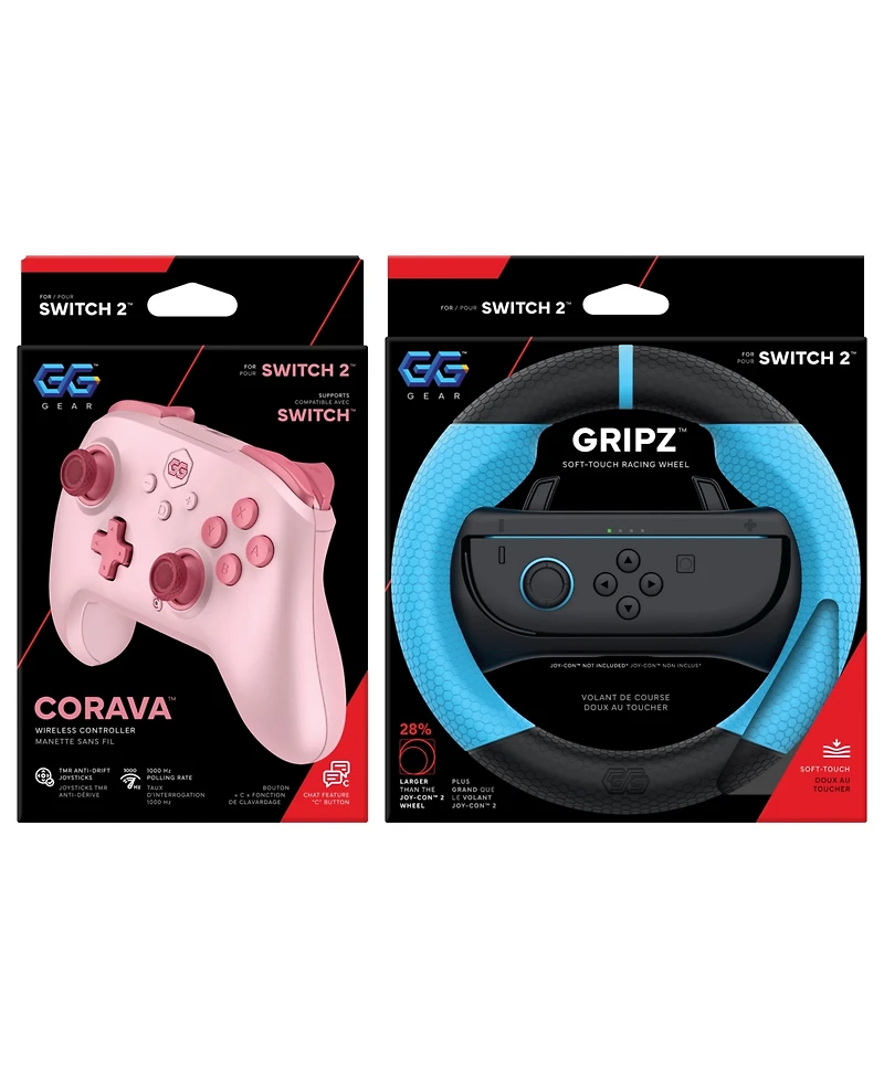 Gg Gear Gripz Corava Wireless Hall-Effect Racing Wheel + Controller, 2-Piece Bundle for Nintendo Switch 2