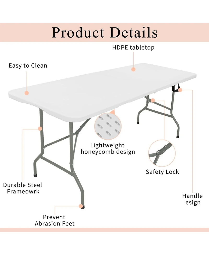 Piscifun Set Of 2 Folding Tables Carrying Handle Lightweight Portable Plastic Camping Steel Indoor Outdoor Party Dining Wedding Events Picnic