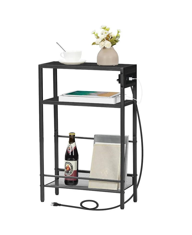 Slickblue Slim Side Table with Charging Station and Storage Shelf for Living Room, Bedroom, Office