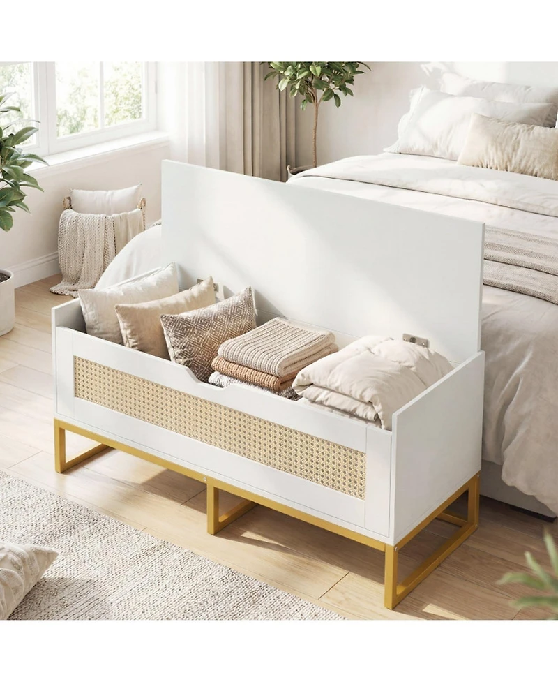 Sugift 39.5inches Rattan Storage Chest Wicker Shoe Bench with Padded Seat Flip-Top
