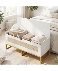 Sugift 39.5inches Rattan Storage Chest Wicker Shoe Bench with Padded Seat Flip-Top
