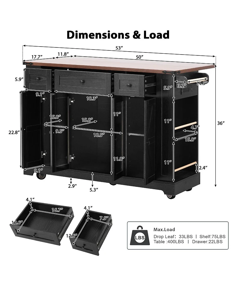 Streamdale Furniture 53" Rolling Farmhouse Kitchen Island with Glass Doors, Drop Leaf and Power Outlet