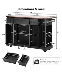 Streamdale Furniture 53" Rolling Farmhouse Kitchen Island with Glass Doors, Drop Leaf and Power Outlet