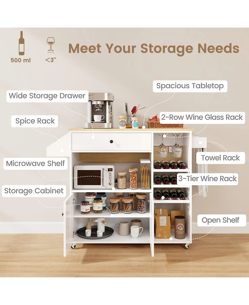 Volenca Rolling Kitchen Island Cart with Power Outlet, Drop Leaf and Casters