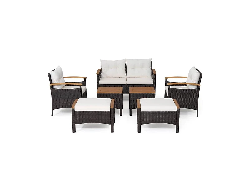 Mondawe 7 Piece Rattan Patio Sofa Set with Acacia Wood Tabletop and Armrests