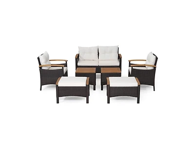 Mondawe 7 Piece Rattan Patio Sofa Set with Acacia Wood Tabletop and Armrests