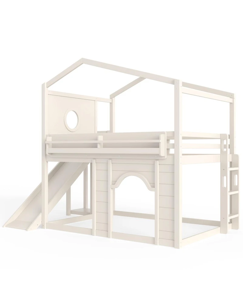 Streamdale Furniture Full Size House Loft Bed with Slide, Wardrobe and Bookshelves