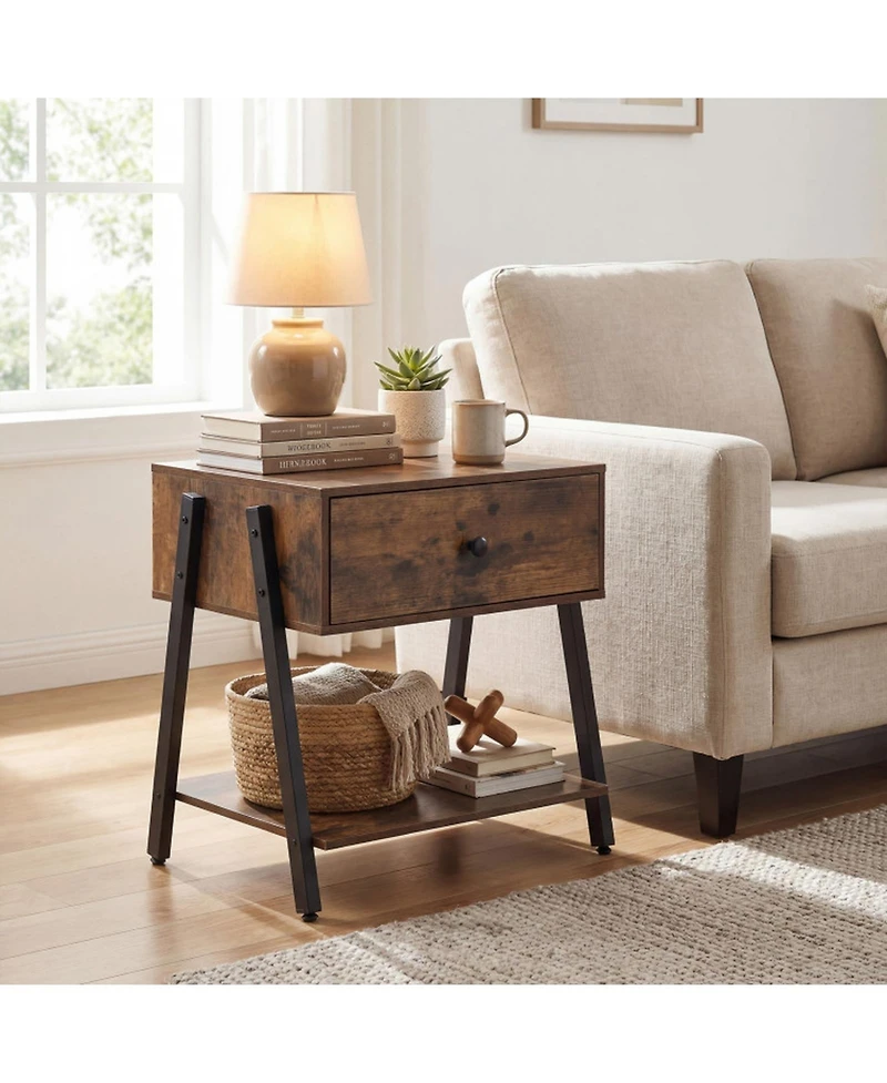 Gouun Industrial Nightstand with Wooden Drawer Open Shelf and Adjustable Foot Pads