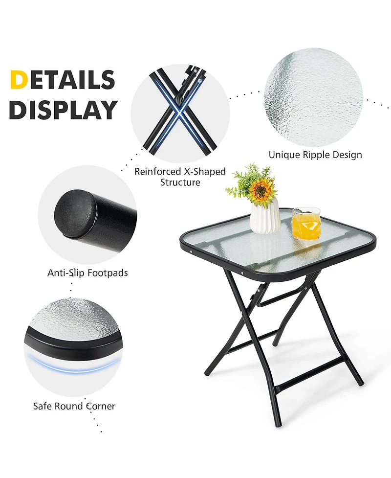 Mecale 18 in Square Folding Bistro Table with Tempered Glass Top