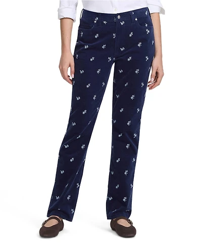 Lands' End Women's Fine Wale Embroidery Corduroy High Rise Straight Leg Pants
